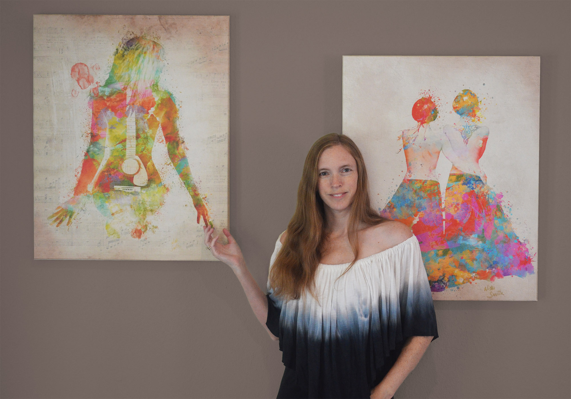 nikki-smith-artist-portrait-web Artist Nikki Smith with her self-portrait "Music Was My First Love" and painting "Pride Not Prejudice"
